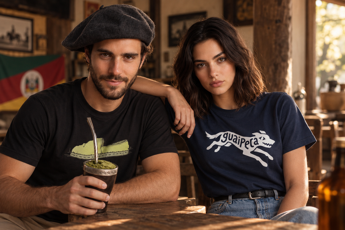 Homem e mulher com camisetas da Gaucheria em visual contemporâneo para o Dia do Gaúcho