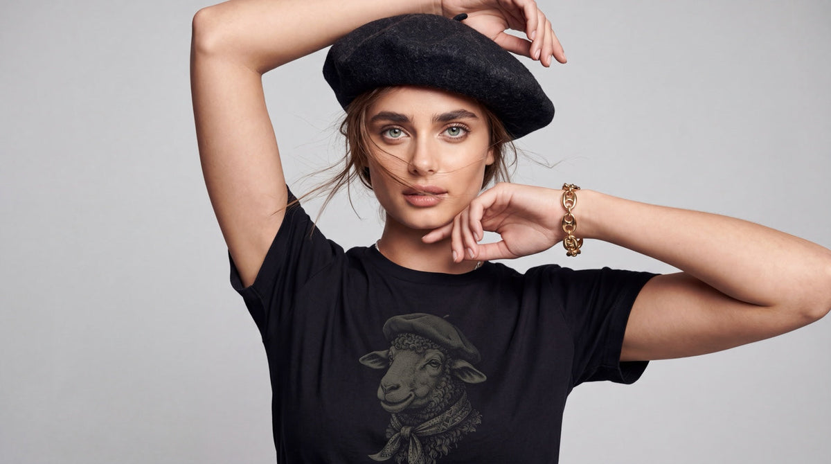 Modelo usando camiseta Gaucheria com estampa Oveleiro
