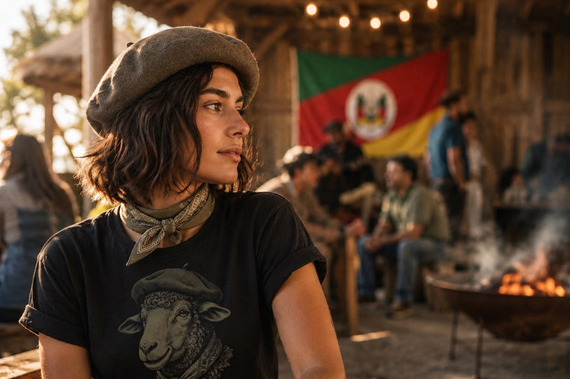 Jovem com elementos da cultura gaúcha em ambiente de Semana Farroupilha