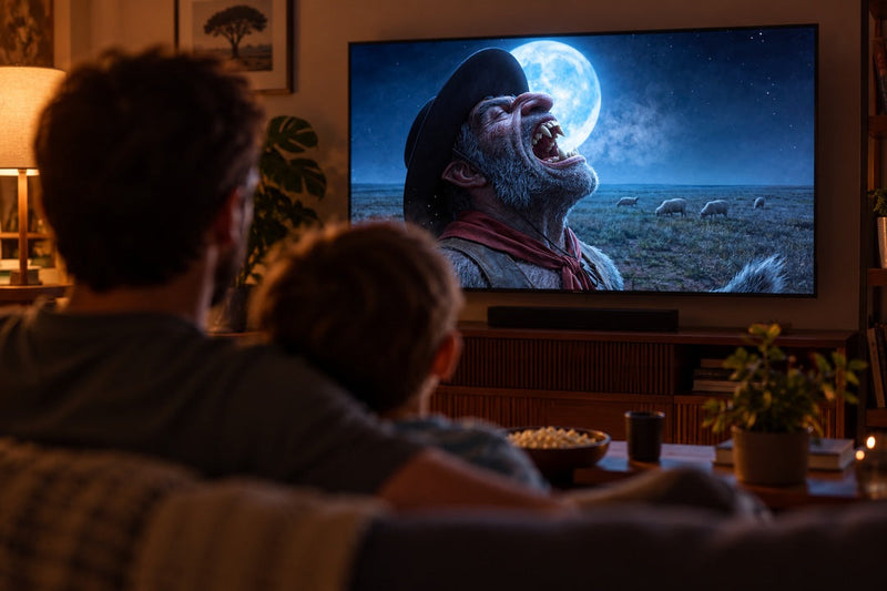 Pessoa assistindo Lobisqüera na televisão em uma releitura contemporânea da cultura gaúcha