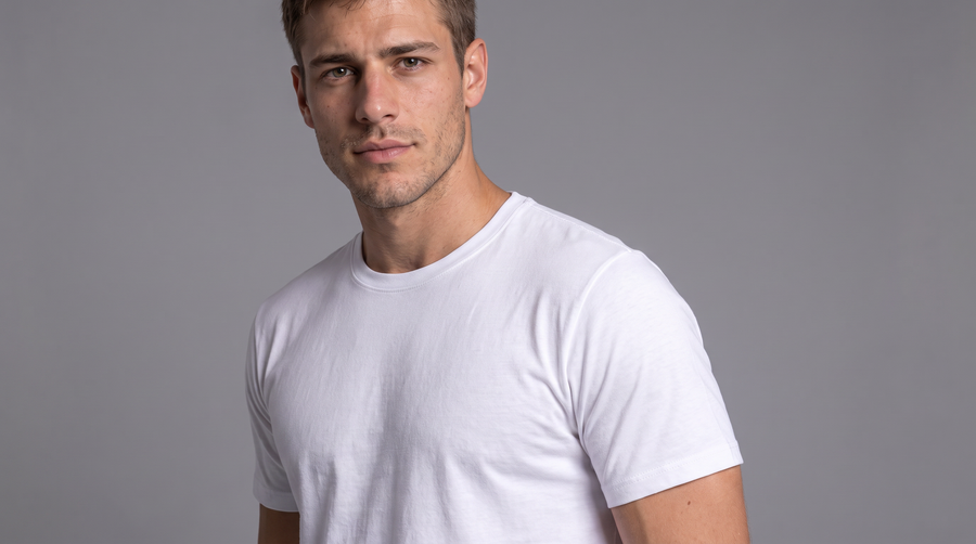 Homem vestindo camiseta básica branca da Gaucheria, lisa, sem estampa, em fundo cinza
