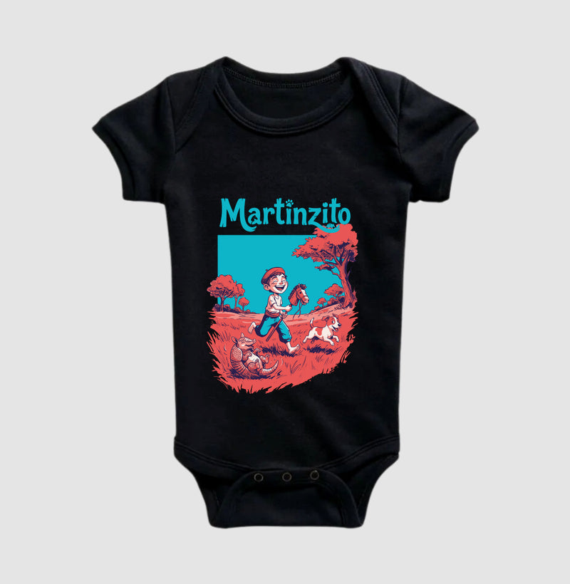 Body de bebê Martinzito do Rincão na cor preta, com botões no entrepernas