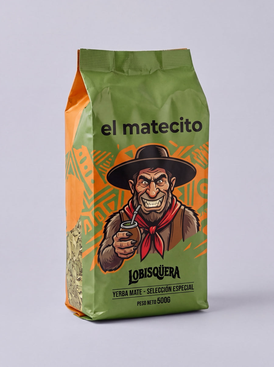 Exemplo conceitual de embalagem de erva-mate com o personagem Lobisqüera, da Gaucheria.