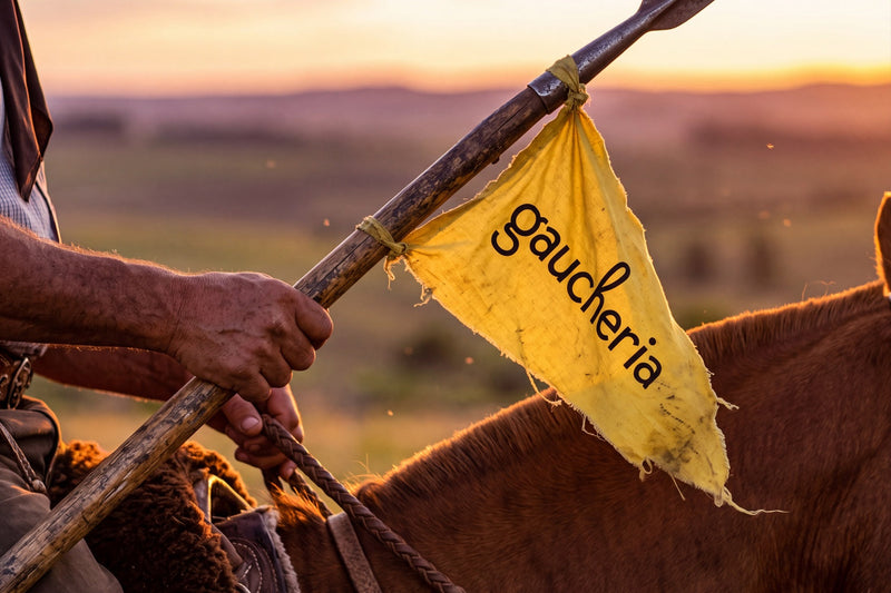 Gaúcho a cavalo segurando lança com bandeira da Gaucheria ao pôr do sol no Dia do Gaúcho