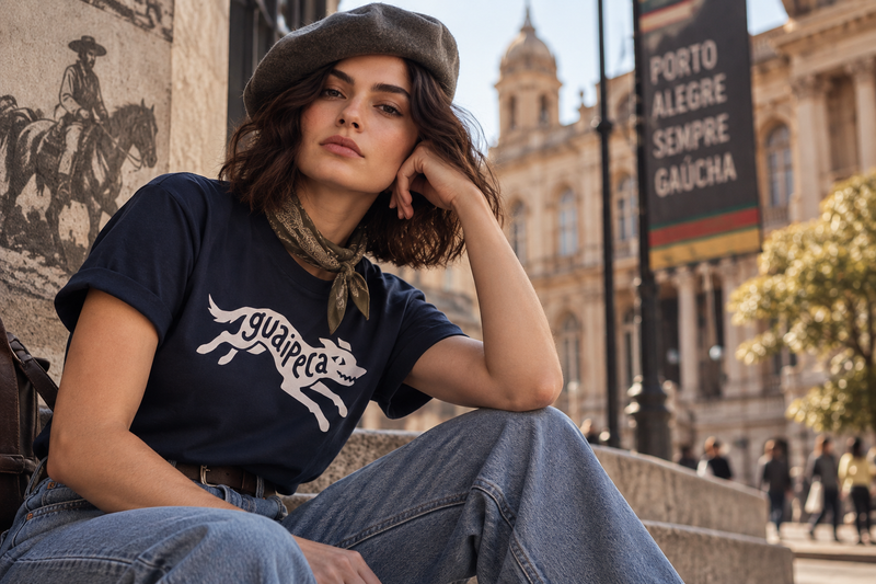 Jovem com camiseta da Gaucheria e referências gaúchas em ambiente urbano contemporâneo