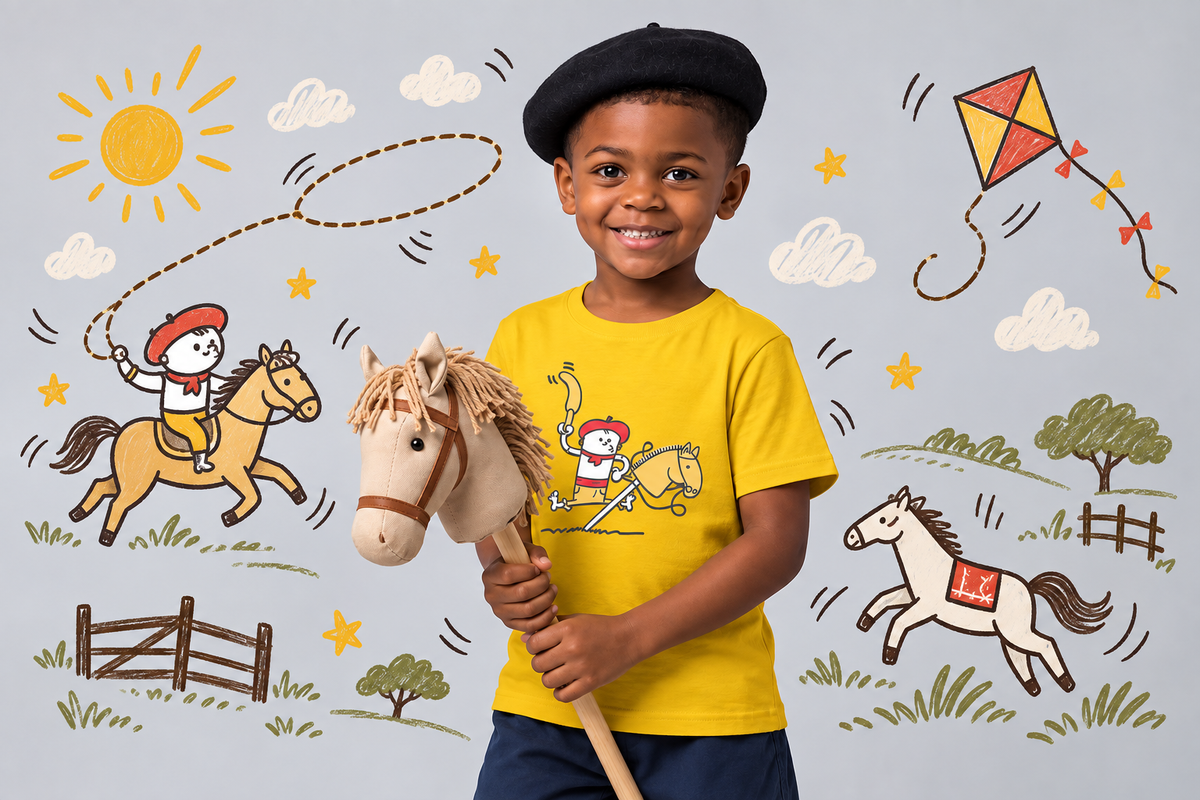 Menino com cavalinho de pau usando camiseta infantil da Gaucheria