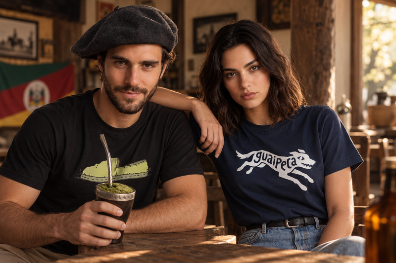 Homem e mulher com camisetas da Gaucheria em visual contemporâneo para o Dia do Gaúcho
