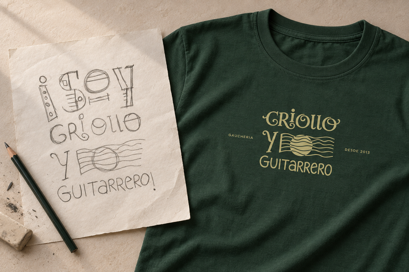 Esboço e camiseta da Gaucheria representando a trajetória do projeto de 2013 a 2026