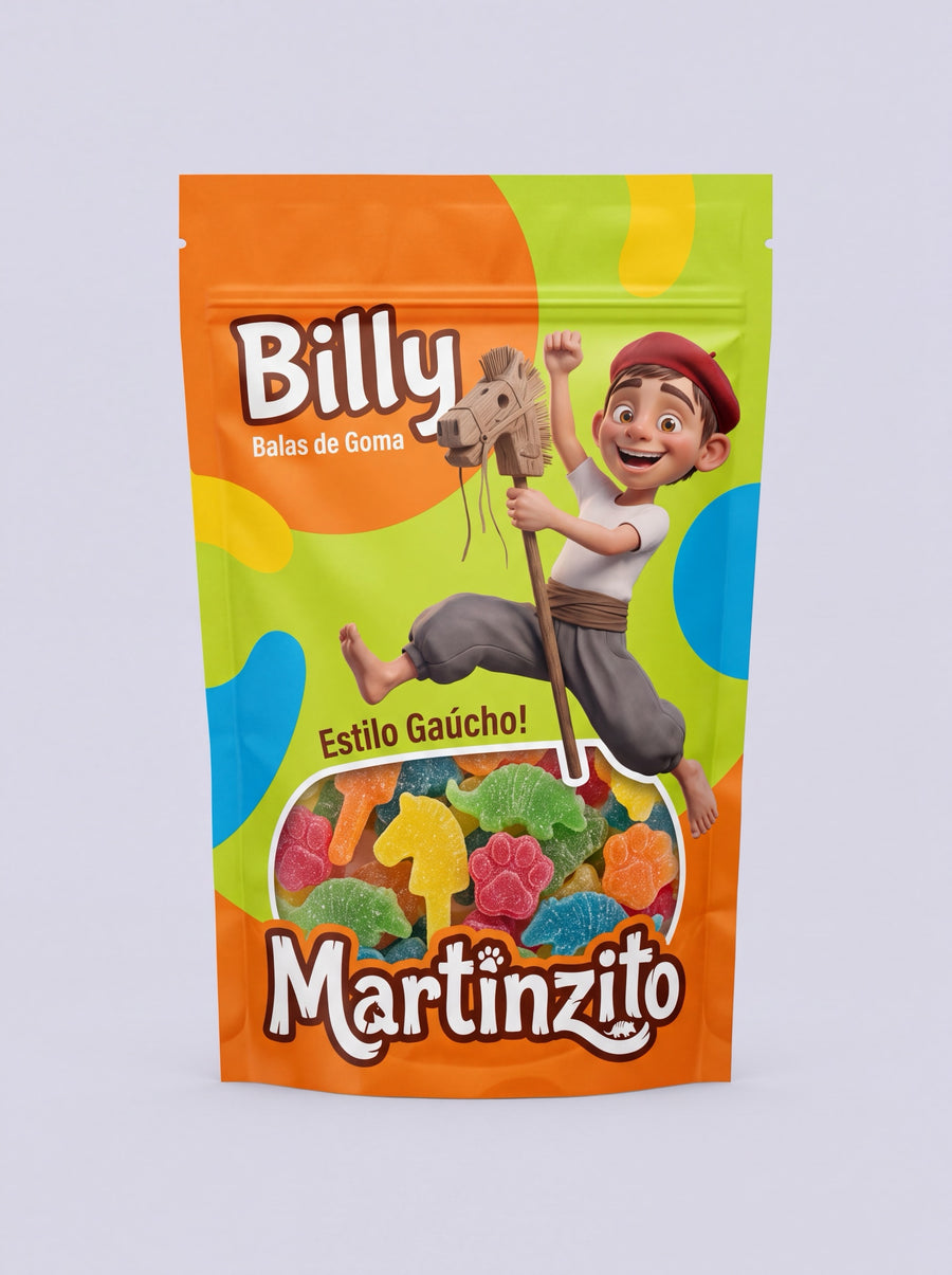 Exemplo conceitual de embalagem de balas de goma com o personagem Martinzito, da Gaucheria.