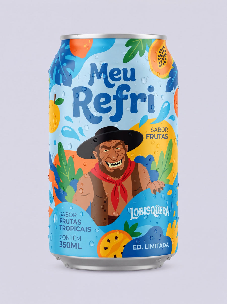 Exemplo conceitual de lata de refrigerante com o personagem Lobisqüera, da Gaucheria.