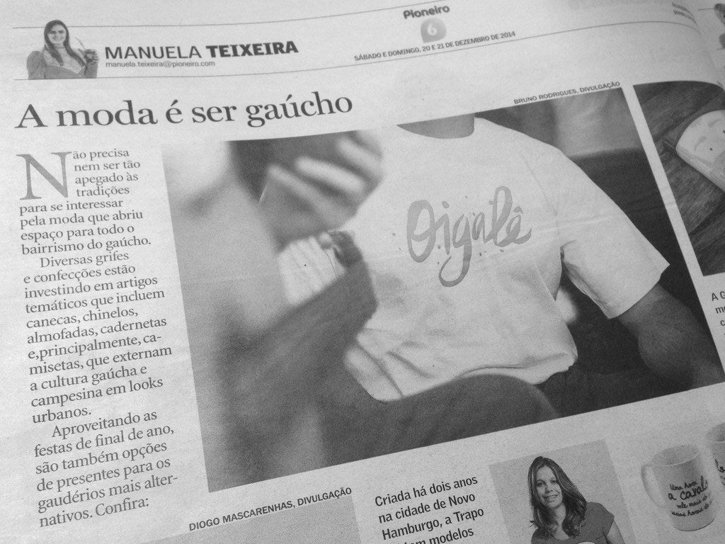 Matéria de jornal de 2014 sobre moda gaúcha com camiseta da Gaucheria