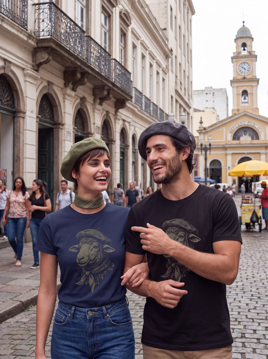 Casal de boina caminhando numa rua de paralelepípedo, os dois com a camiseta Ovelha Crioula, ela de azul marinho e ele de preto