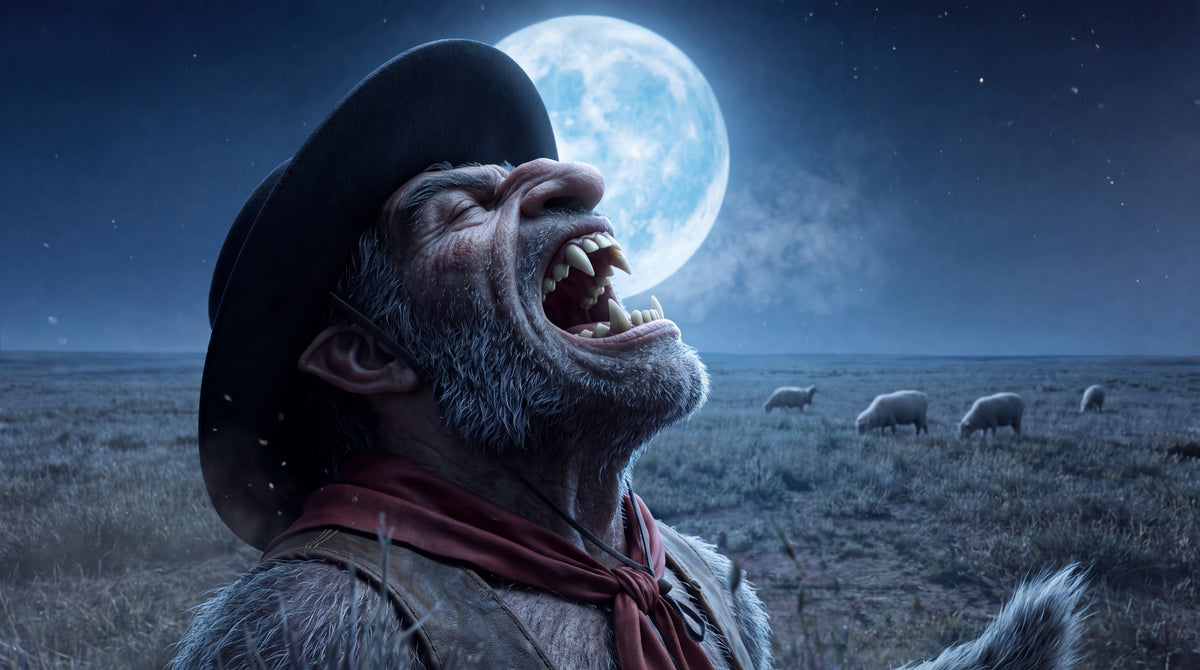 Lobisqüera, personagem do Rincão de Gaucheria, uivando para a lua no pampa